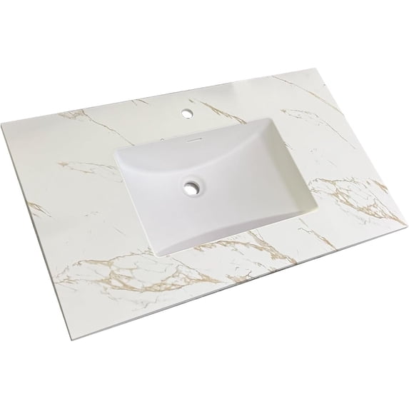 25" Solid Surface Polyurethane Resin Streamline Nano Vanity Top With Sink, Durable, Consistent Color, Easy-to-Clean, Built-in Overflow GOLDEN VEIL
