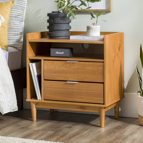 Walker Edison Mid-Century Modern 2-Drawer Wood Nightstand, Solid Caramel
