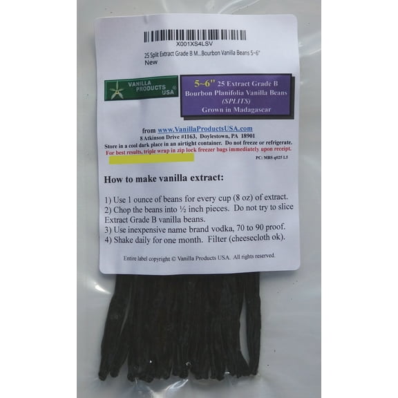 25 Split Extract Grade B Madagascar Bourbon Vanilla Beans 5~6" by Vanilla Products USA