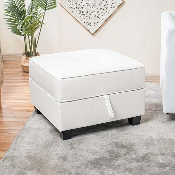 25" Square Ottoman Footstool, Ottoman with Storage for Living Room & Bedroom, Color: Bright White, Fabric: Air Leather