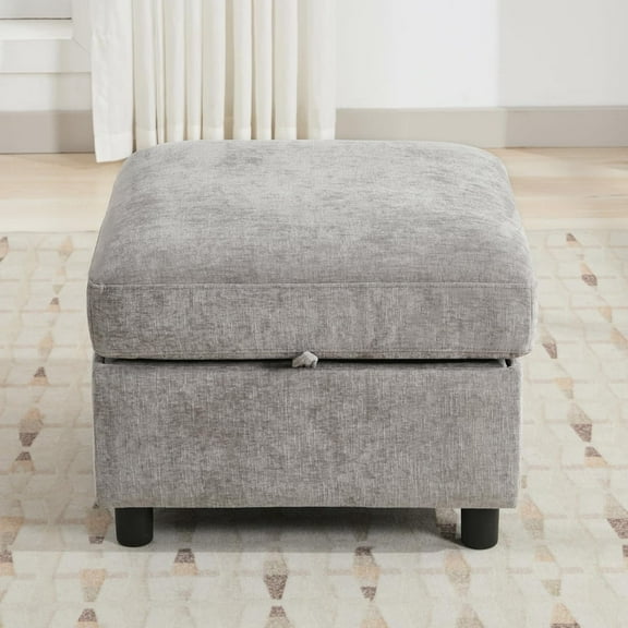 25" Square Storage Ottoman for Modular Couch, Convertible Footrest with Hidden Compartment, Chenille Upholstered Coffee Table & Extra Living Room Seating, Light Grey