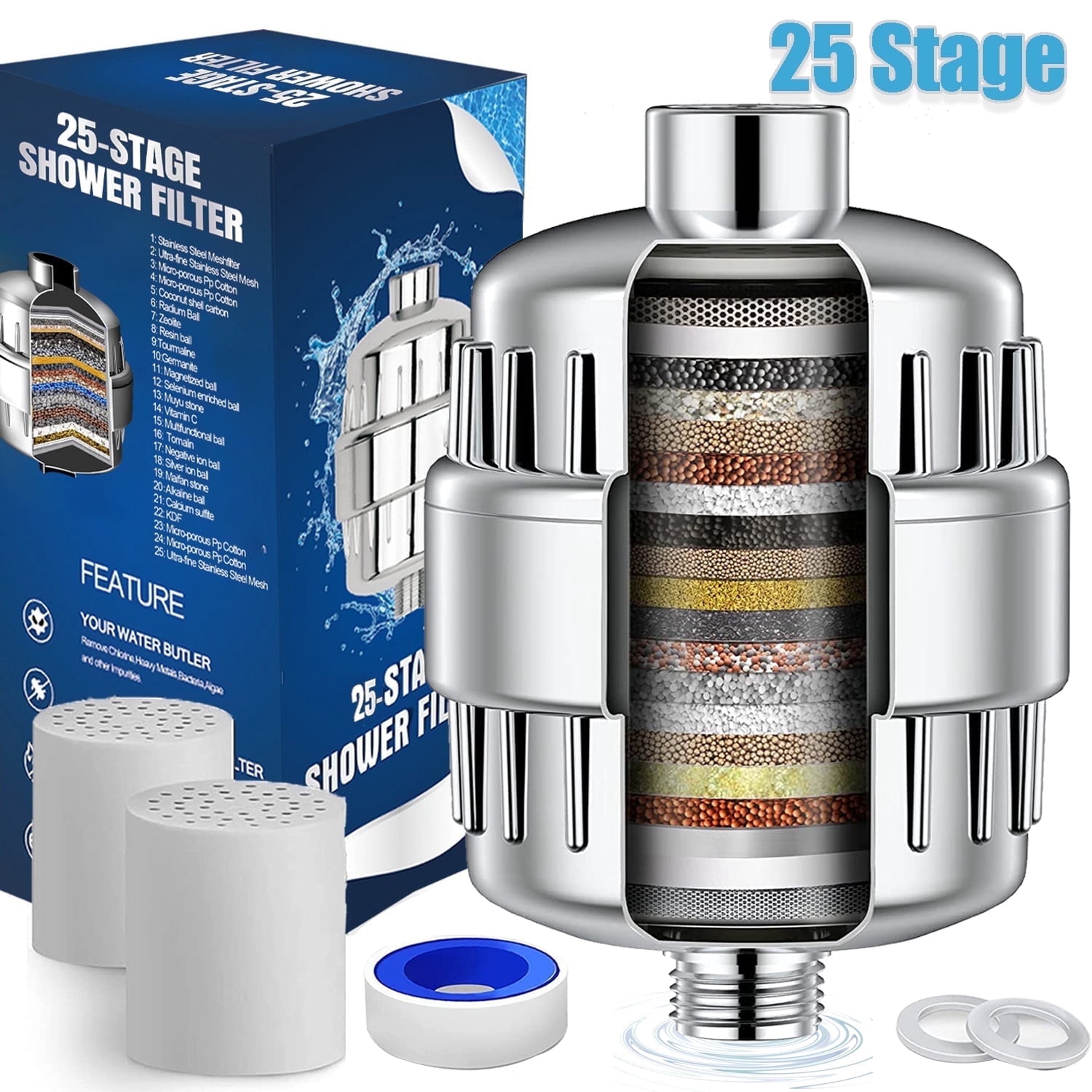 20-Stage Hard Water Shower Filter Head - Chlorine & Fluoride Remover, Vitamin C Infused, Polished Chrome - View #3