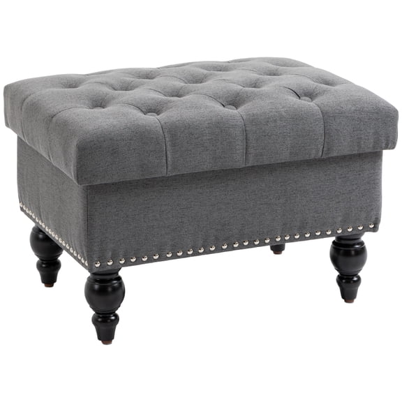 25 Storage Ottoman with Removable Lid, Button-Tufted Linen Bench for Living Room Footrest and Seat, Gray, 176 lbs Capacity