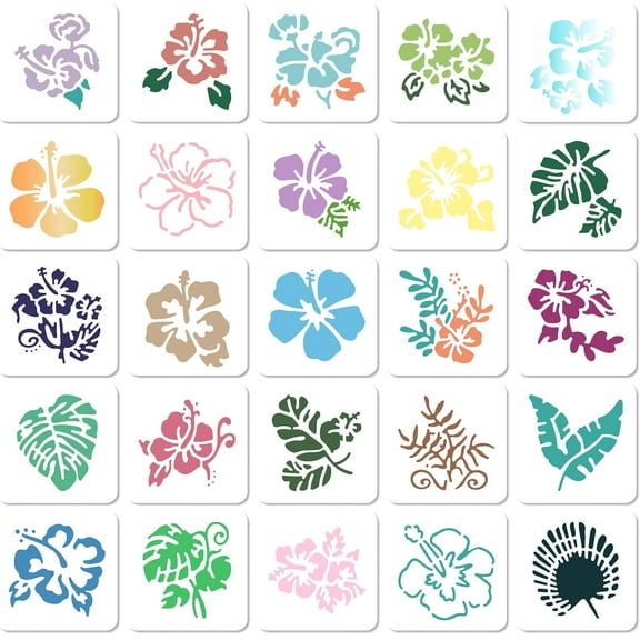 25 Styles Hibiscus Stencils Reusable Plastic Flower Leaf Tropical Leaves Palm Tree Nature Floral Art Craft Drawing Template Stencil for Painting on Wood Rock Wall Furniture Scrapbooking diy Flower