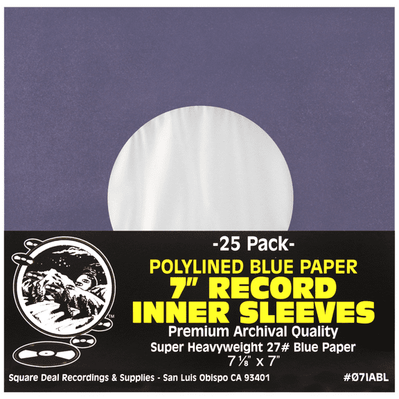 (25) Super Heavyweight Polylined Blue Paper Inner Sleeves for 7" Records - Archival Quality, Acid-Free, Static-Free - Premium Protection - 07IABL