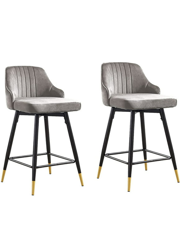 25" Swivel Counter Height Bar Stools Set of 2, Gray Velvet Bar Stool with Low Back and Footrest, Modern Upholstered Island Stools