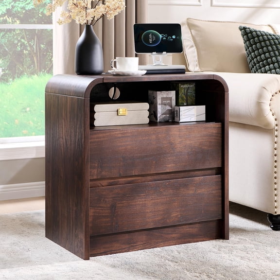 25" Tall Modern Nightstand with Charging Station, 23.6'' Wide Wood Bedside Table w/2 Storage Drawers, Large Mid Century End Table for Bedroom, Living Room, Curved Profile Design, Brown