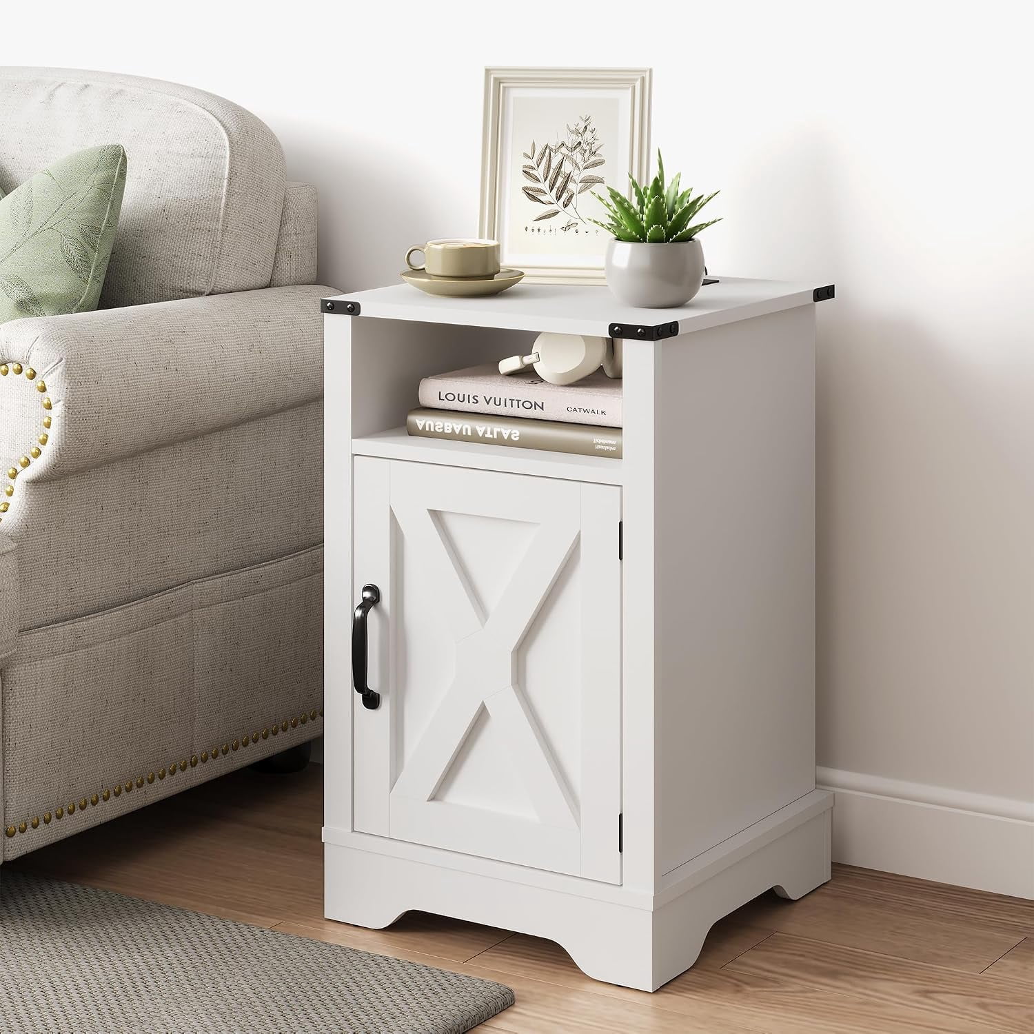 25" Tall Nightstand, Farmhouse Nightstand with Charging Station, Large End Table with Storage, Wooden Rustic Bedside Table for Bedroom