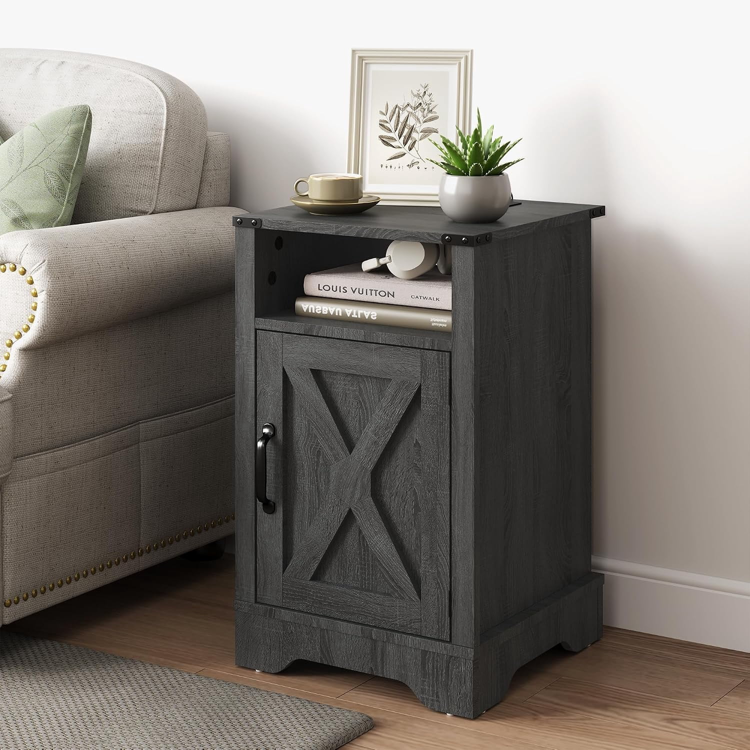 25" Tall Nightstand, Farmhouse Nightstand with Charging Station, Large End Table with Storage, Wooden Rustic Bedside Table for Bedroom