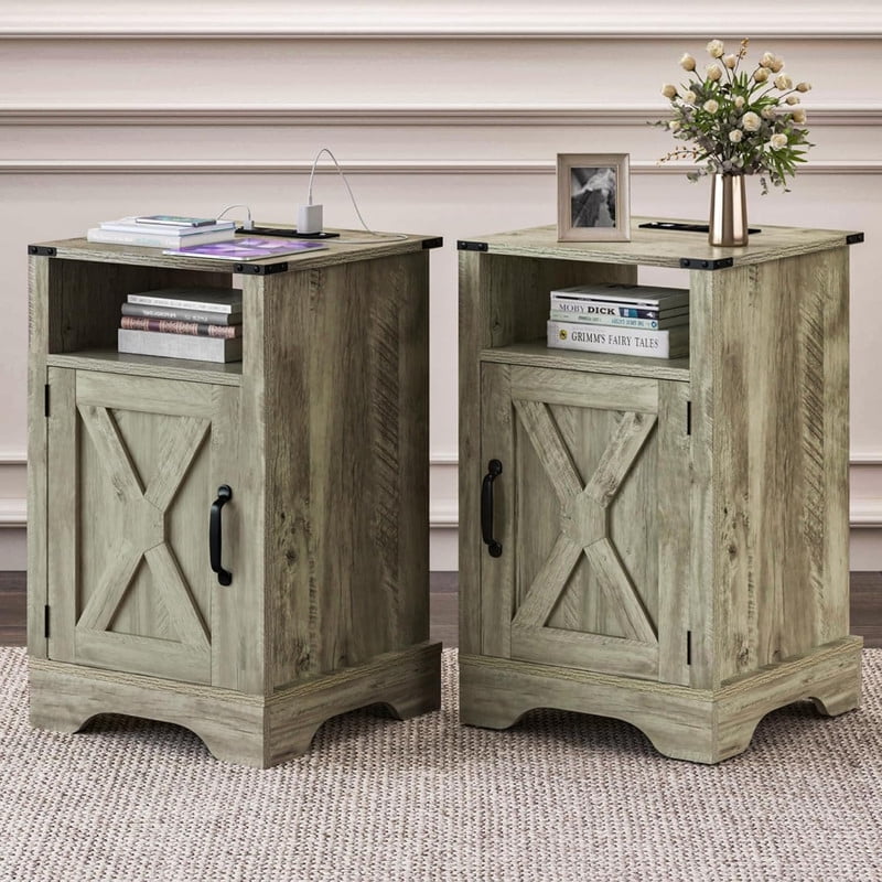 25" Tall Nightstand Set of 2, Farmhouse Nightstand with Charging Station, Large End Table with Storage, Wooden Rustic Bedside Table for Bedroom