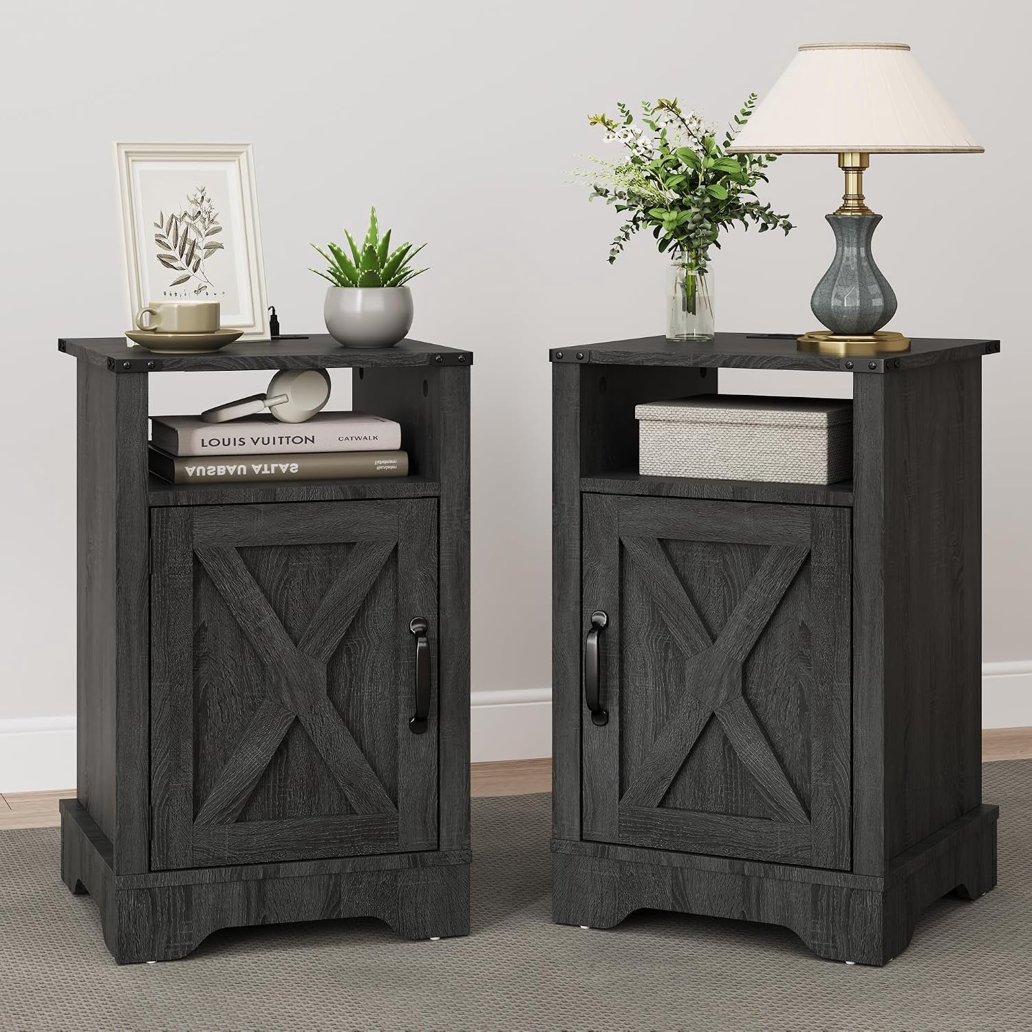 25" Tall Nightstand Set of 2, Farmhouse Nightstand with Charging Station, Large End Table with Storage, Wooden Rustic Bedside Table for Bedroom