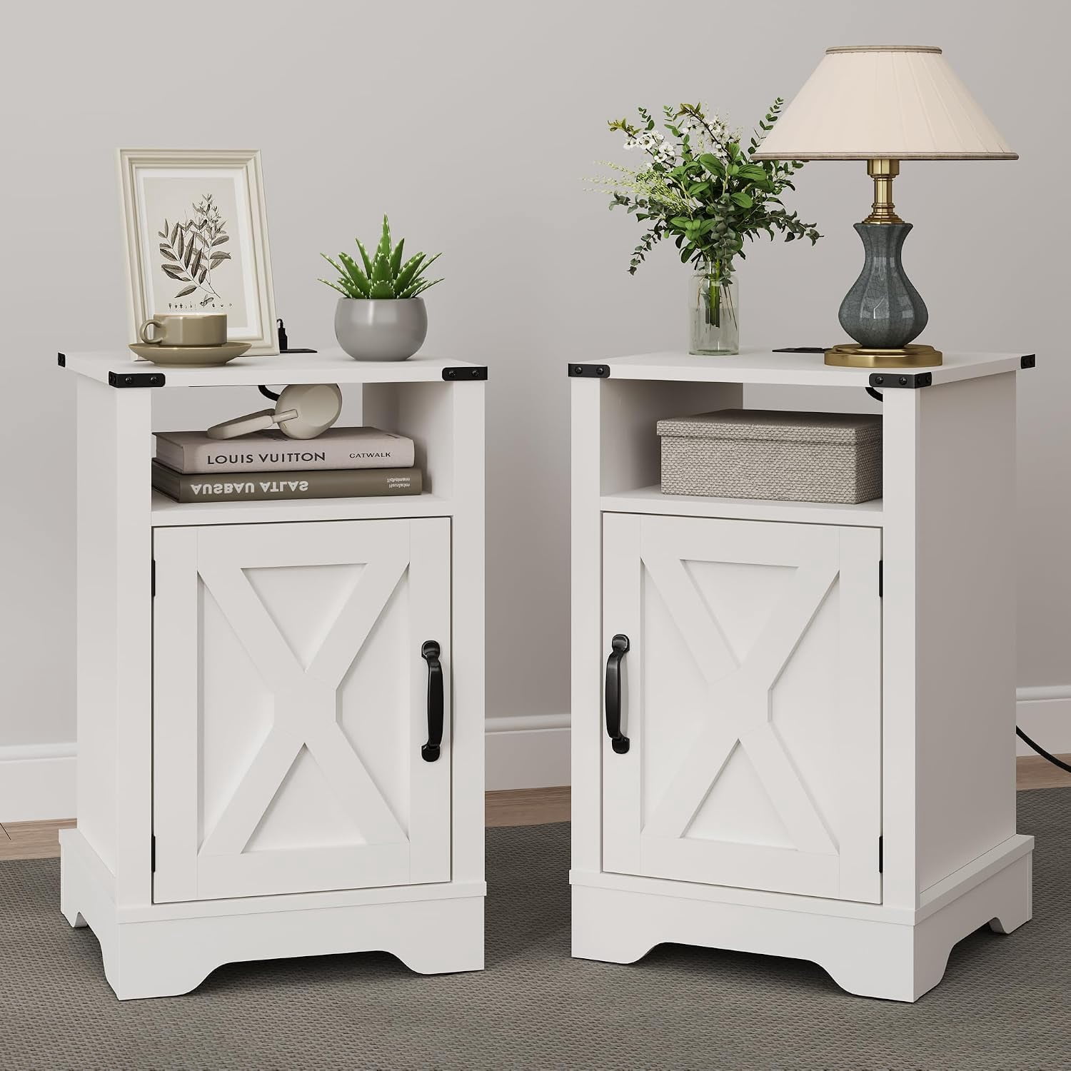 25" Tall Nightstand Set of 2, Farmhouse Nightstand with Charging Station, Large End Table with Storage, Wooden Rustic Bedside Table for Bedroom