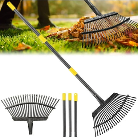 25-Tine Leaf Rake, 60-inch Heavy Duty Metal Garden Rake for Lawns & Yards – Small Rake Head