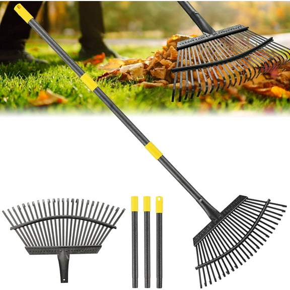 25-Tine Leaf Rake, 60-inch Heavy Duty Metal Garden Rake for Lawns & Yards – Small Rake Head