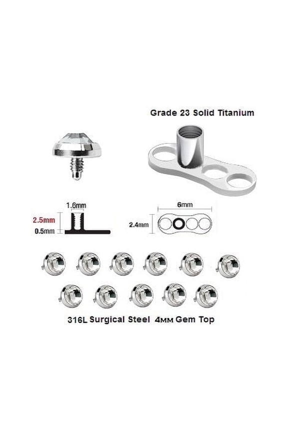25 Titanium base & 4 mm top Dermal Anchor Piercing Jewelry with Clear CZ Gems
