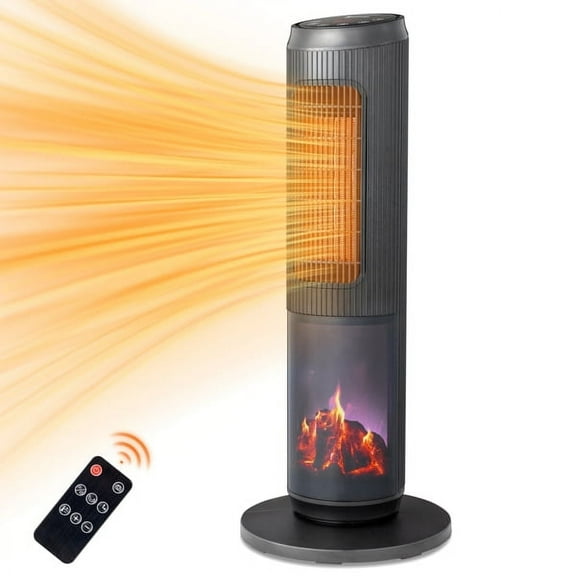25" Tower Space Heater with 3D Flame, 1500W Portable Electric Heater with Thermostat, 60° Oscillation, Timer, Remote Control, for Indoor Bedroom Office Home, Black