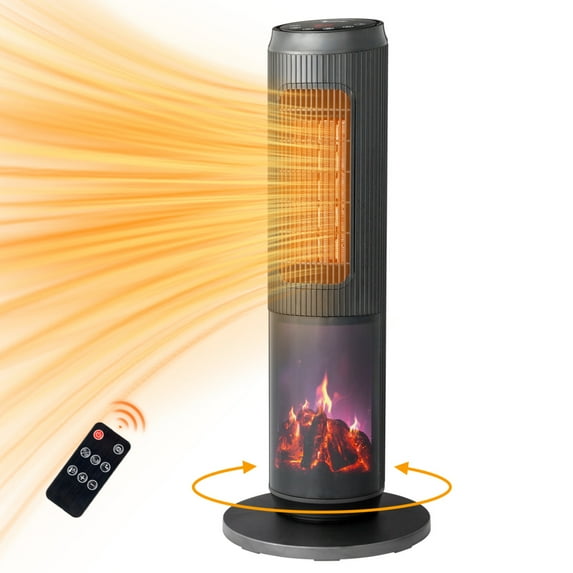 25" Tower Space Heater with 3D Flame, 1500W Portable Electric Heater with Thermostat, 60° Oscillation, Timer, Remote Control, for Indoor Bedroom Office Home, Black