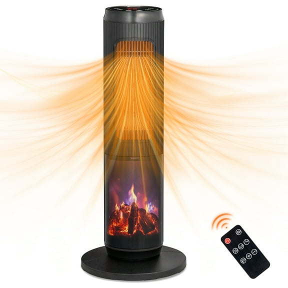 25" Tower Space Heater with 3D Flame Effect  1500W Portable Oscillating Electric Heater, 12H Timer, Remote, Overheat & Tip-Over Protection, for Bedroom, Office, 300 Sq Ft, Black