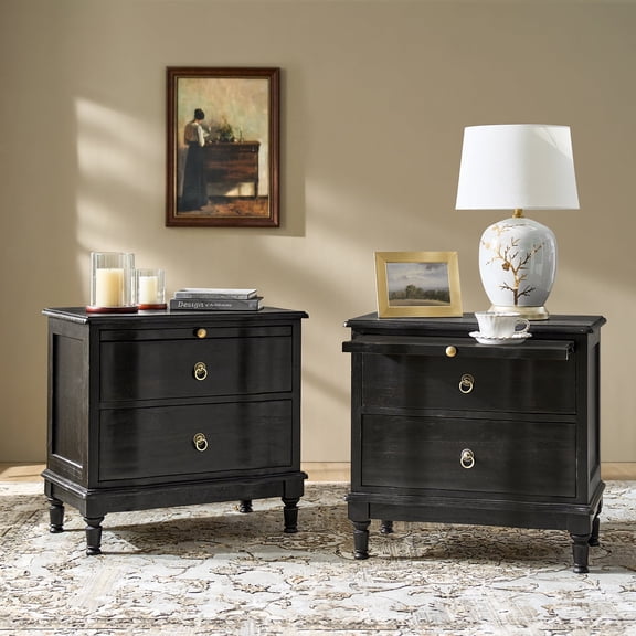 25" Traditional 2 Drawers End Table Solid Wood Set of 2 with Pull-out Tray and Charging Station Charcoal