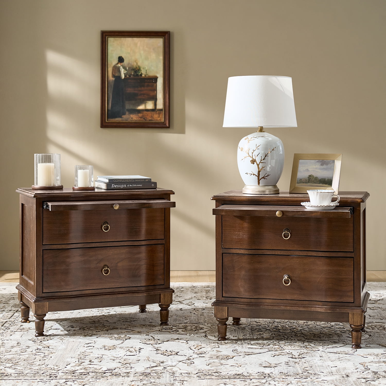 25" Traditional 2 Drawers Solid Wood End Table Set of 2 with Pull-out Tray and Charging Station Walnut