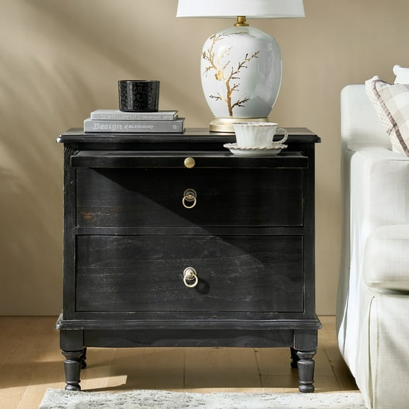 25" Traditional 2 Drawers Solid Wood End Table with Pull-out Tray and Charging Station Charcoal