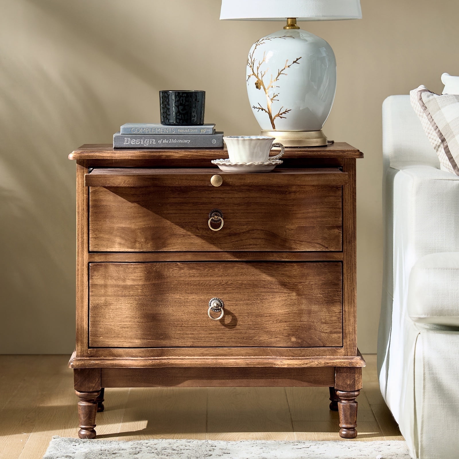 25" Traditional 2 Drawers Solid Wood End Table with Pull-out Tray and Charging Station Cherry