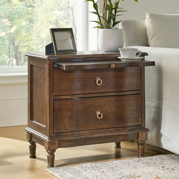 25" Traditional 2 Drawers Solid Wood End Table with Pull-out Tray and Charging Station Walnut