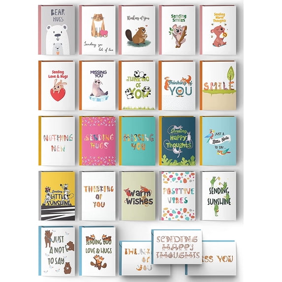 25 Unique Thinking Of You Cards With Greetings Inside 5"x7". Large Greeting Boxed Set. Different Notecard Designs - No Repetition. Assorted Color Envelopes, Gold Seals, Storage Box.