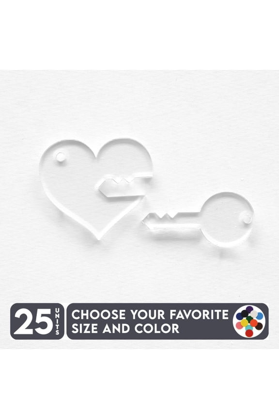 25 Units Acrylic Keychains Heart with Key 1/8" Thick – Clear or Solid Color – (Size 2.5") Made in USA