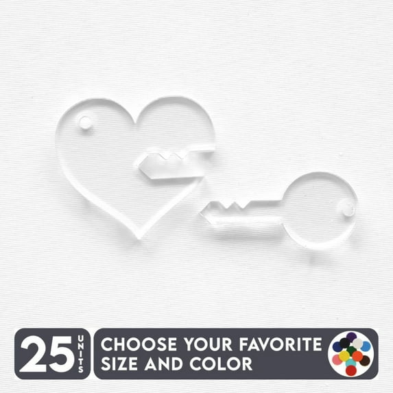 25 Units Acrylic Keychains Heart with Key 1/8" Thick – Clear or Solid Color – (Size 2.5") Made in USA