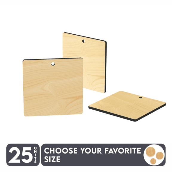25 Units Wood Square With Hole 3/16" Thick – Wood Color – (Size 2.5") Made in USA