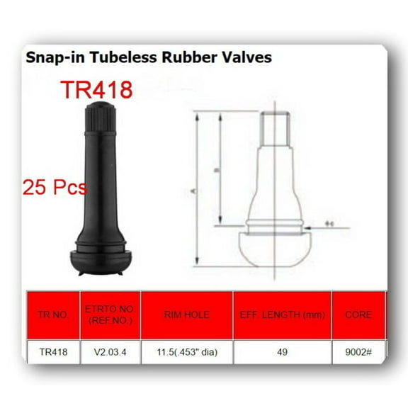 25 Valves TR418 STANDARD 2" SNAP IN TUBELESS BLACK RUBBER TIRE VALVE STEM