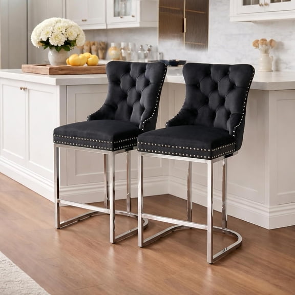 25" Velvet Counter Height Bar Stools Set of 2, Tufted Upholstered Kitchen Counter Stools with High Back, Nailhead Trim, Chrome Metal Legs, Modern Black Bar Chairs for Dining Room, Pub, Island