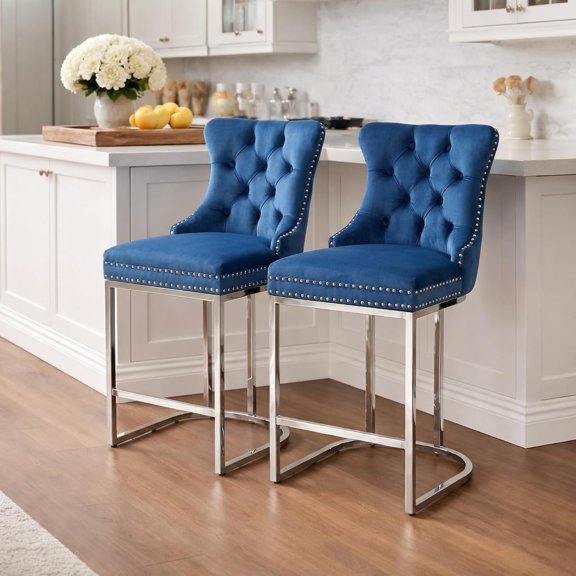 25" Velvet Counter Height Bar Stools Set of 2, Tufted Upholstered Kitchen Counter Stools with High Back, Nailhead Trim, Chrome Metal Legs, Modern Blue Bar Chairs for Dining Room, Pub, Island