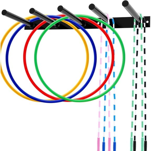 25" Wall Mounted Hoop Rope Rack, 5 Peg Metal Gym Equipment Storage Holder Organizer for Jump Ropes, Sports Hoops, Resistance Bands, Straps, Foam Rollers, Hardware Included