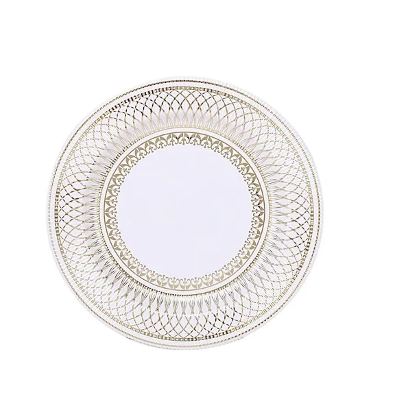 25 White Gold 10" Porcelain Design Round Paper Plates Party Events Decorations
