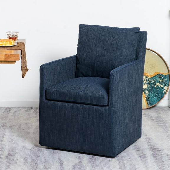 25" Wide Upholstered Dining Chairs with Casters Modern Performance Fabric Down Cushion Rolling Dining Armchair for Kitchen Dining Room Living Room (Indigo)