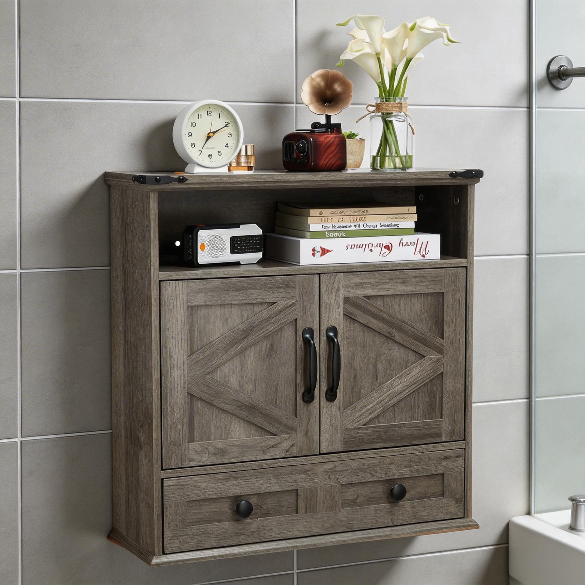 25" Wide Wall-Mounted Bathroom Cabinet with Barn Doors, Over-Toilet Storage with Adjustable Shelf & Drawer, Hanging Cabinet for Bathroom, Kitchen, Laundry, or Entryway