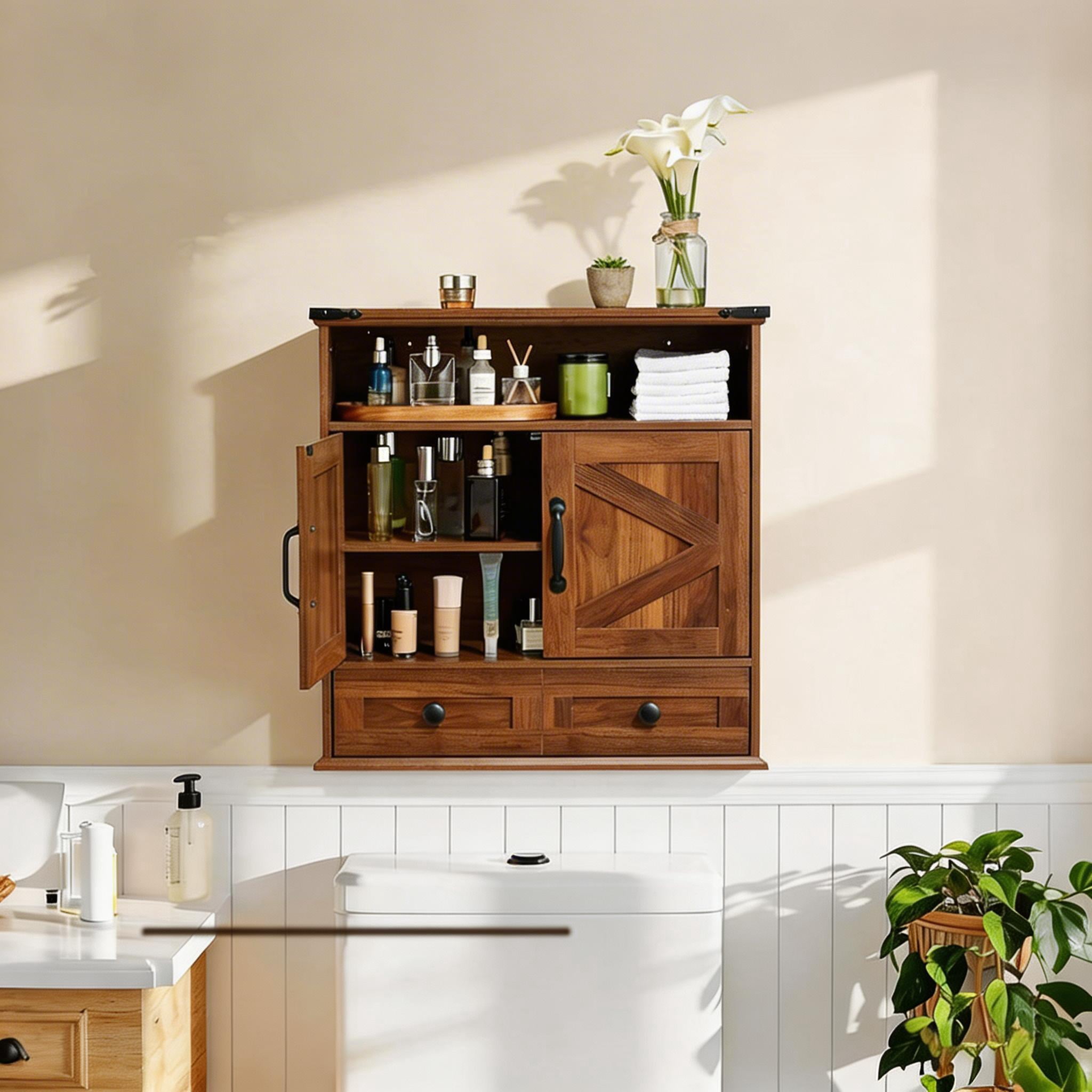 25" Wide Wall-Mounted Bathroom Cabinet with Barn Doors, Over-Toilet Storage with Adjustable Shelf & Drawer, Hanging Cabinet for Bathroom, Kitchen, Laundry, or Entryway