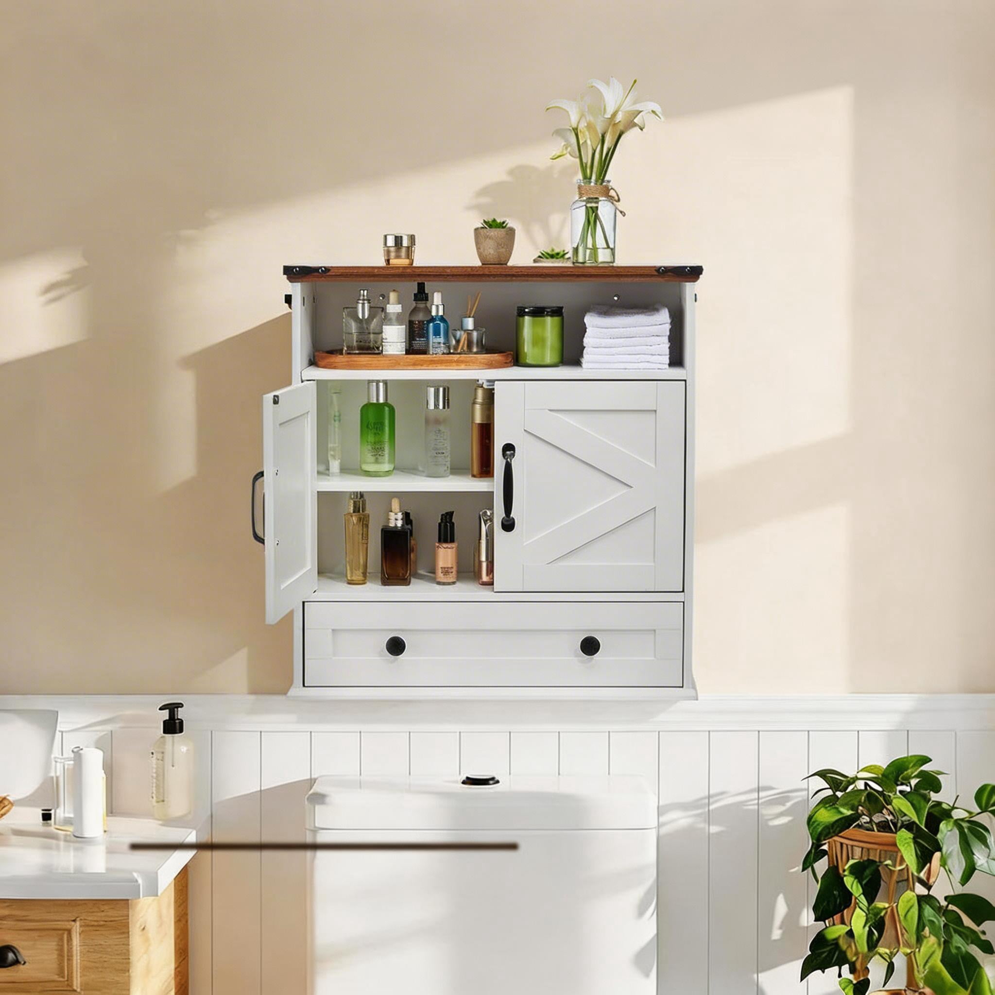 25" Wide Wall-Mounted Bathroom Cabinet with Barn Doors, Over-Toilet Storage with Adjustable Shelf & Drawer, Hanging Cabinet for Bathroom, Kitchen, Laundry, or Entryway