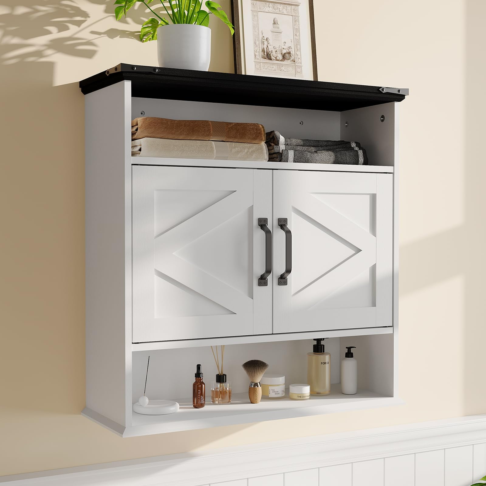 25" Wide Wall-Mounted Bathroom Cabinet with Barn Doors, Over-Toilet Storage with Adjustable Shelf & Drawer, Hanging Cabinet for Bathroom, Kitchen, Laundry, or Entryway