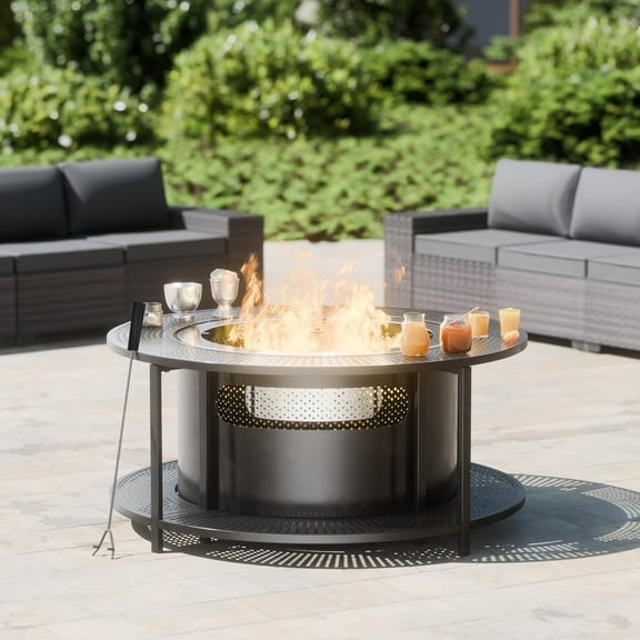 Kullavik 25" Wood-Burning Smokeless Fire Pit with 37" Extension Table - Stainless Steel Outdoor Fireplace ,Wood Burning Fire Pit for Outside
