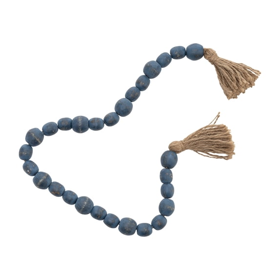 25" Wooden Bead Garland with Tassels - Contemporary Teal Blue Mango Wood Home Decor Beaded Accent For Bedroom, Living Room, Mantle Decor
