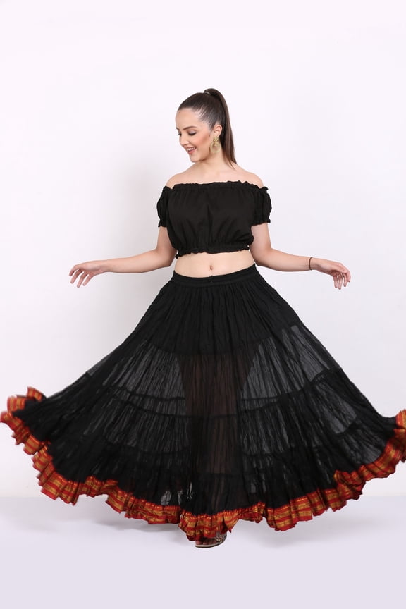 25 Yard American Tribal Style Dance Cotton Tiered Flounce Maxi Full Skirt (Black)