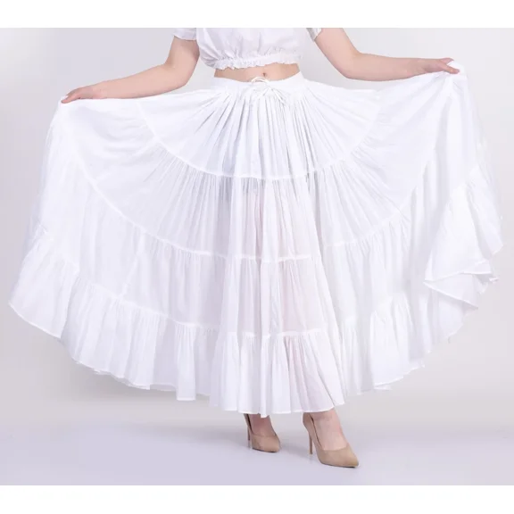 25 Yard Wevez Long Gypsy Tribal Cotton White Skirt 4 tier Elastic Waist Skirt