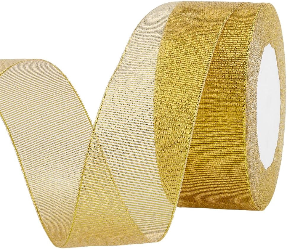 Spikly Ribbons 25 Yards 1.63 Inch Gold Glitter Metallic Ribbons Transparent Shimmer ...
