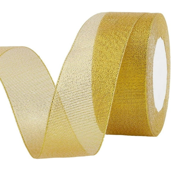 25 Yards 1.63 Inch Gold Glitter Metallic Ribbons Transparent Shimmer Tulle Sparkly Organza Sheer Classic Ribbon Roll