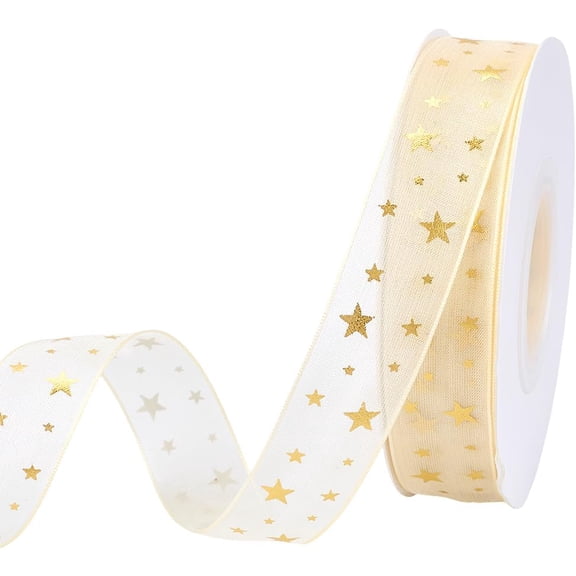 25 Yards 3/4 Inch Gold Star Print Ribbon Stars Pattern Glitter Sheer Transparent Chiffon Silk Yarn Printed Ribbons Trim Bulk with Spool for Sewing Making Crafts Gift Wrapping Wreaths Supply