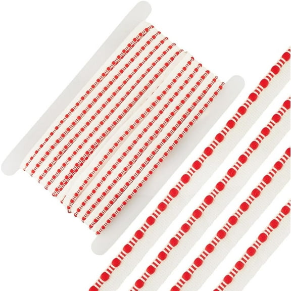 25 Yards 3/8 Inch White Ball Ribbon with Red Mini Pompom Tassel Fringe Trim Simple Style Decorative Woven Fabric Ribbons for Sewing Making Clothes Hats Bags Home Decoration DIY Craft Supply