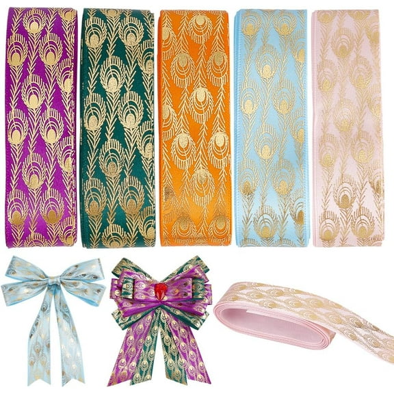 25 Yards 5 Colors Peacock Jacquard Ribbon 1 Inch Peacock Feather Gold Woven Vintage Embroidered Ribbon Polyester Jacquard Edge Trim Fabric for DIY handcrafting